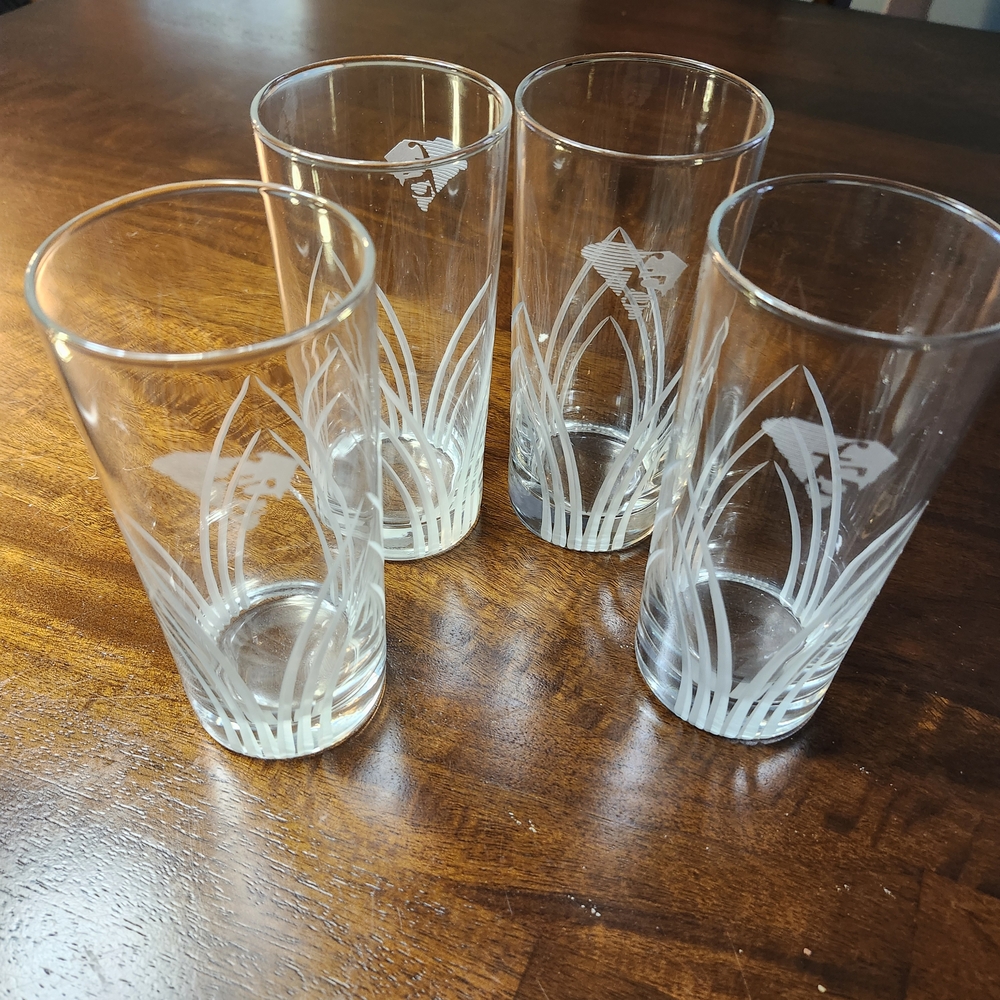 Vtg Clear Highball Collins Glasses Set Of 4 Etched / Design
